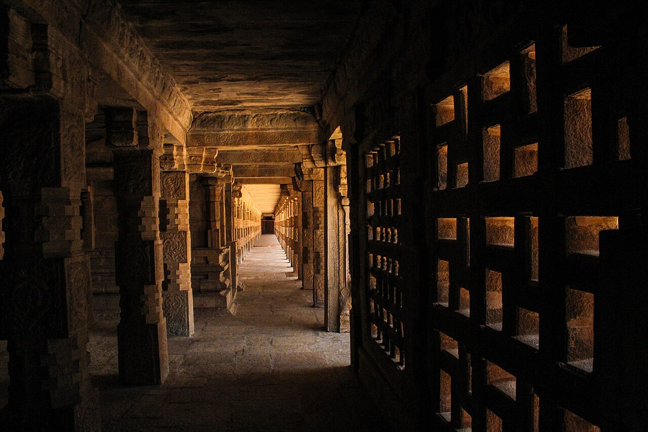 Carved stone pillared corridor inside Airavatesvara Temple
